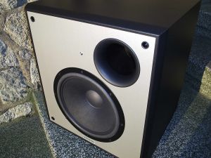 Dynavox Subwoofer aktiv mit frontseitigem Reflex , daher wandnahe Aufstellung problemlos . 